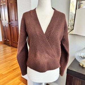 Pink Rose Cozy Brown Faux Wrap Cropped Sweater